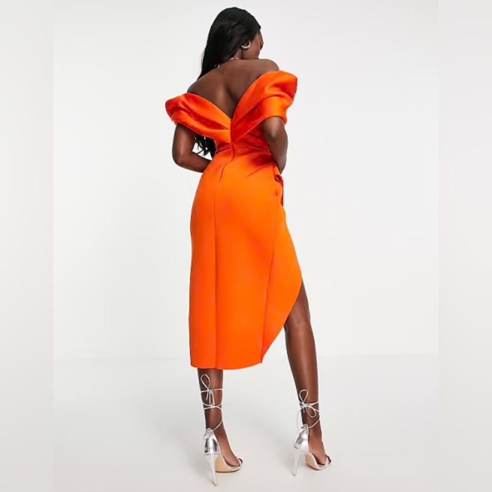 SOLD: ASOS Design Orange Off-Shoulder Midi Bodycon Dress Womens 8 Like New - Picture 3 of 7